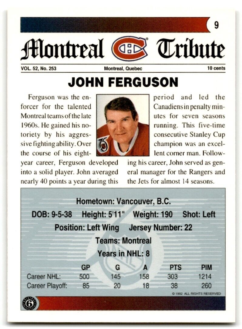 1991-92 Ultimate Original 6 John Ferguson Montreal Canadiens #9