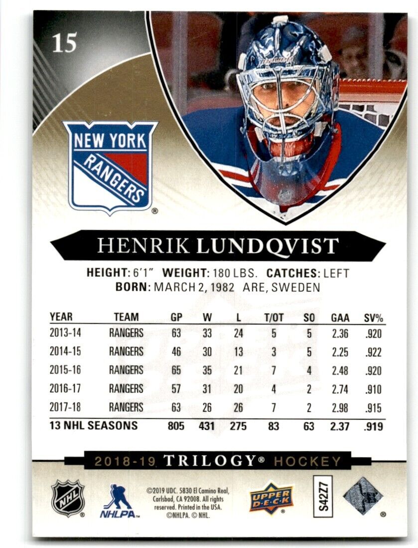 2018-19 Upper Deck Trilogy Henrik Lundqvist New York Rangers #15