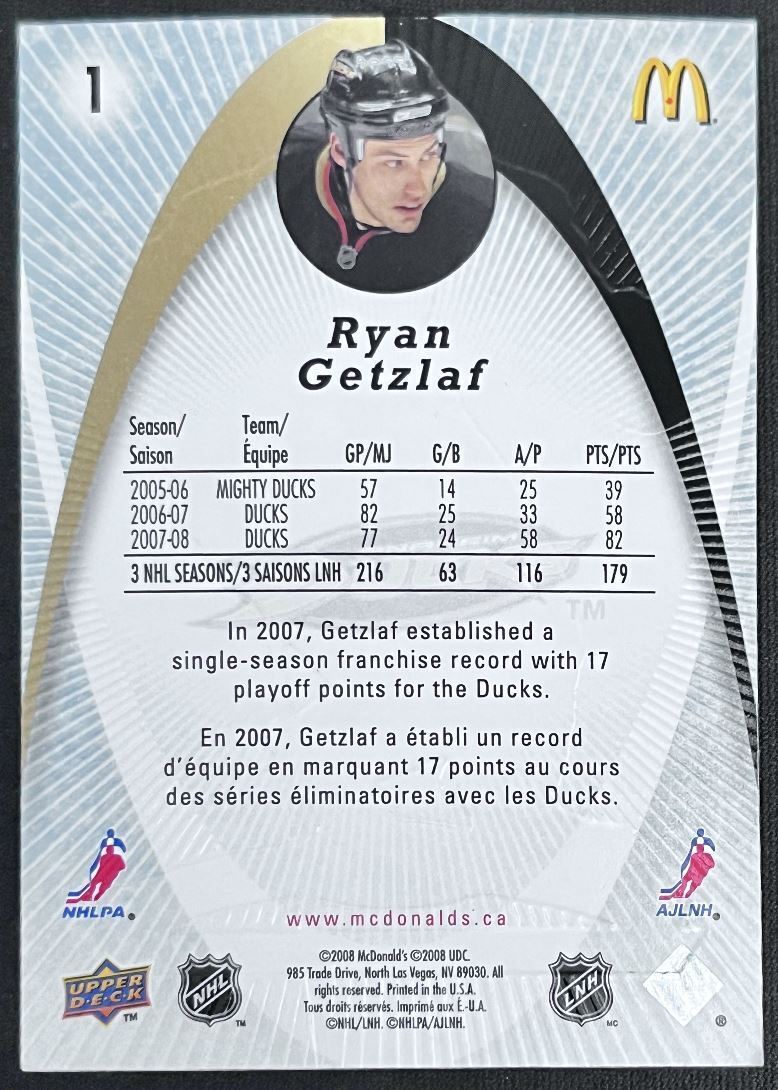 2008-09 Upper Deck McDonald's Ryan Getzlaf Anaheim Ducks #1