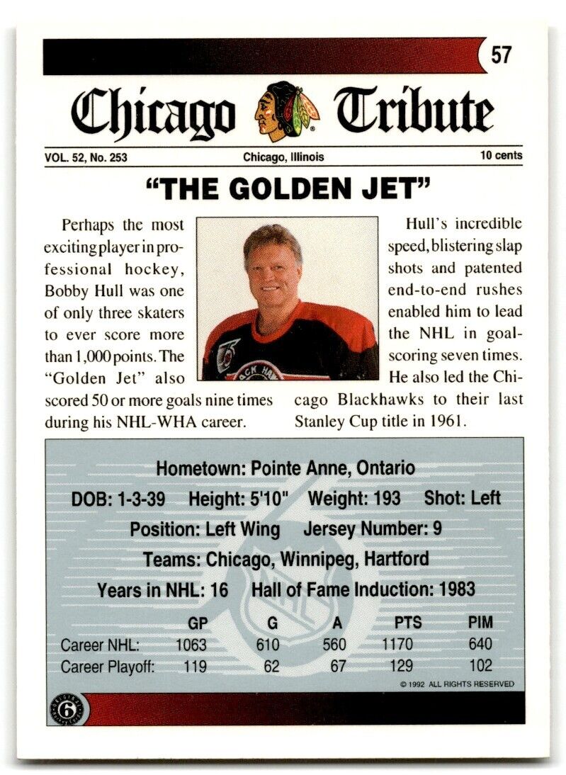 1991-92 Ultimate Original 6 Bobby Hull Chicago Blackhawks #57