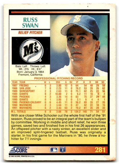 1992 Score Russ Swan Seattle Mariners #281