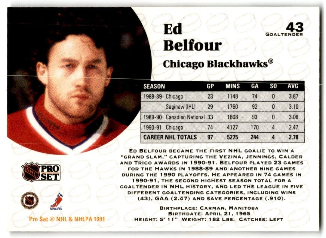 1991-92 Pro Set Ed Belfour Chicago Blackhawks #43