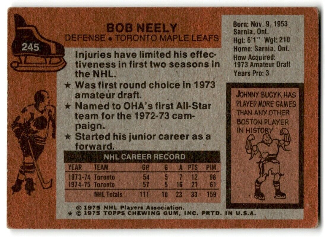 1975-76 Topps Bob Neely Toronto Maple Leafs #245