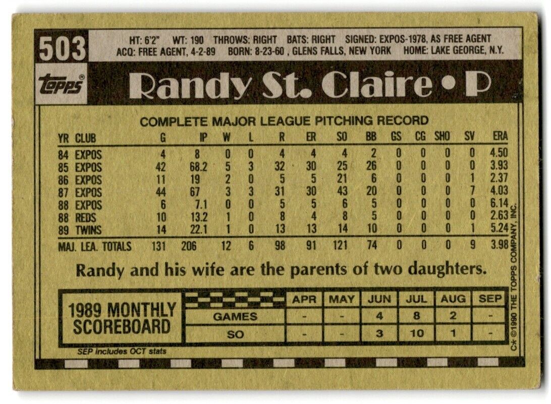 1990 Topps Randy St. Claire Minnesota Twins #503