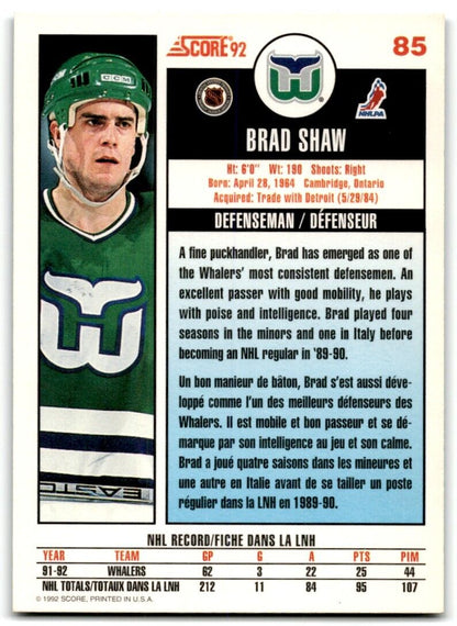 1992-93 Score Brad Shaw Hartford Whalers #85