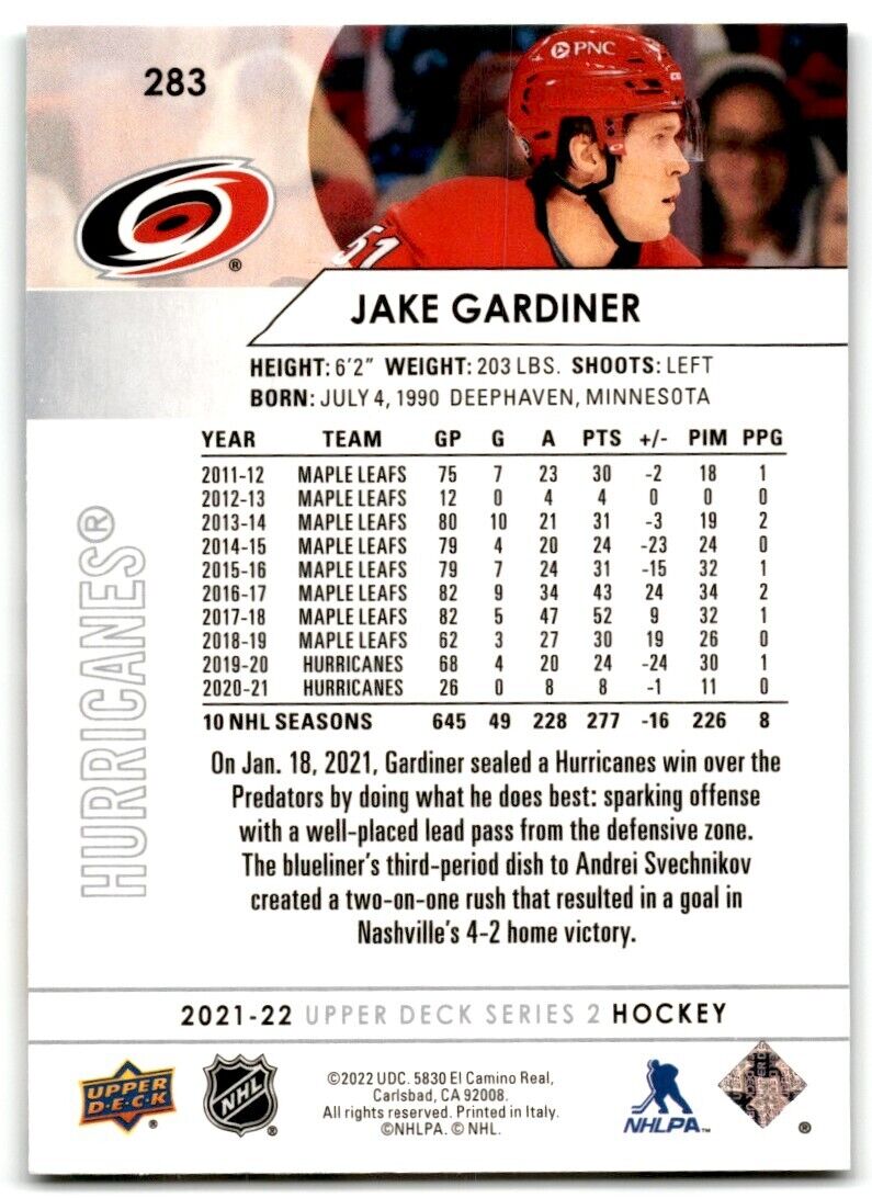 2021-22 Upper Deck Jake Gardiner Carolina Hurricanes #283