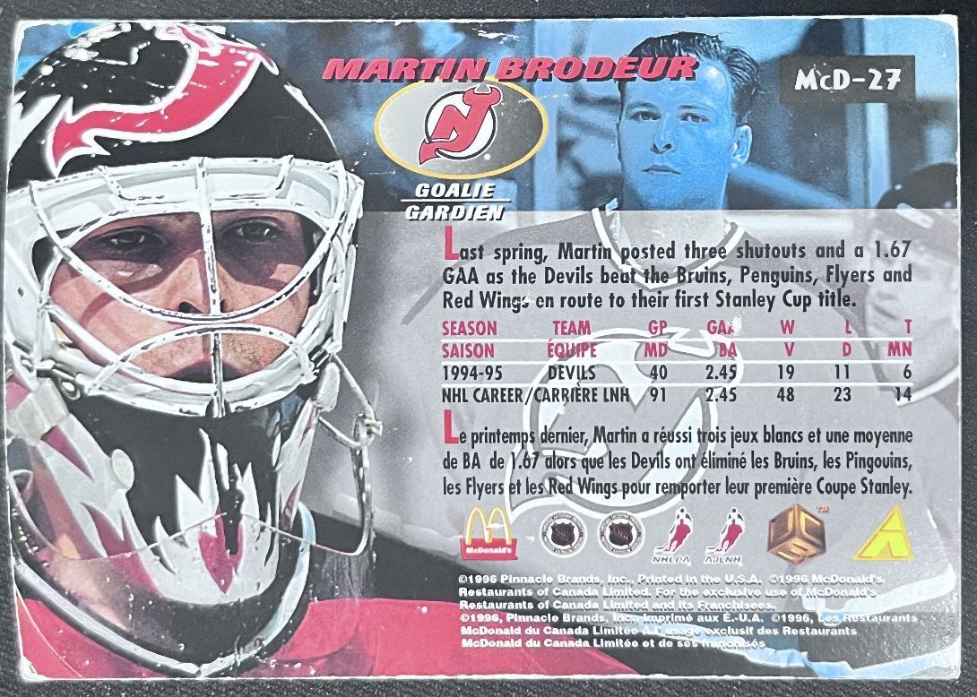 1995-96 Pinnacle McDonald's Game Winners Martin Brodeur New Jersey Devils