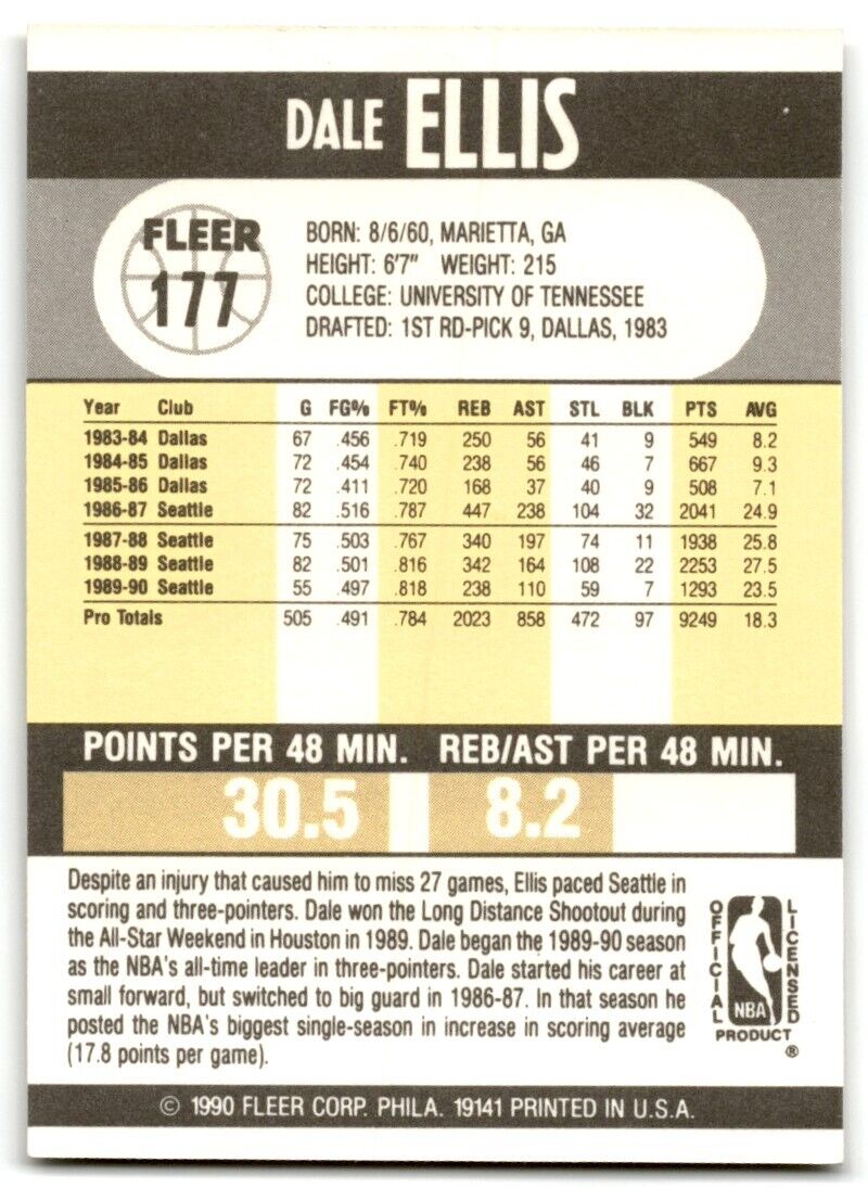 1990-91 Fleer Dale Ellis Seattle SuperSonics #177