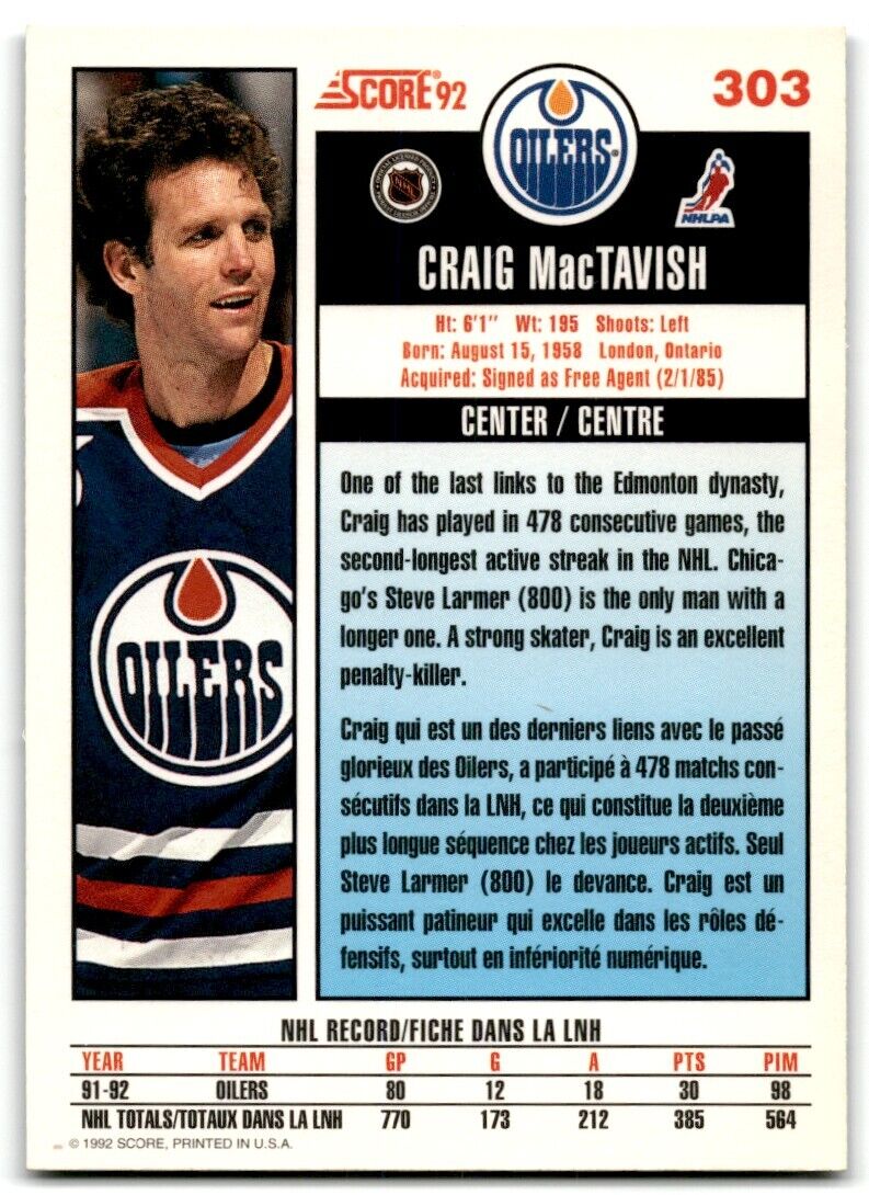 1992-93 Score Craig MacTavish Edmonton Oilers #303