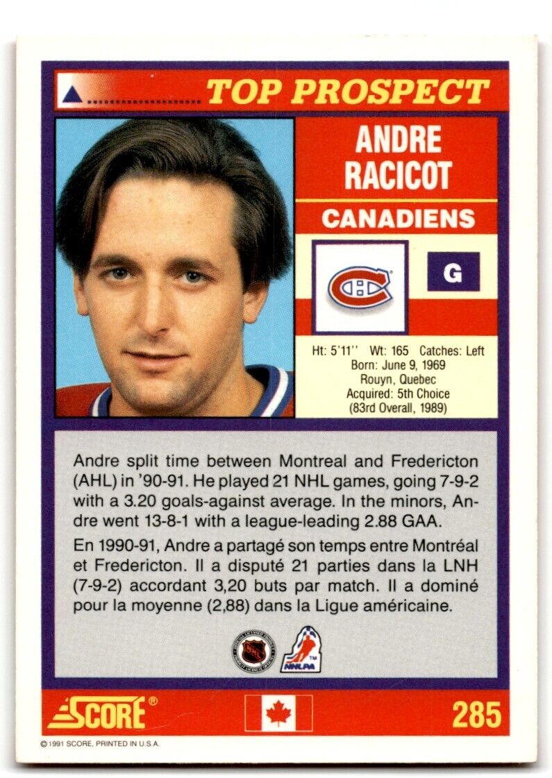 1991-92 Score Canadian Andre Racicot Rookie Montreal Canadiens #285