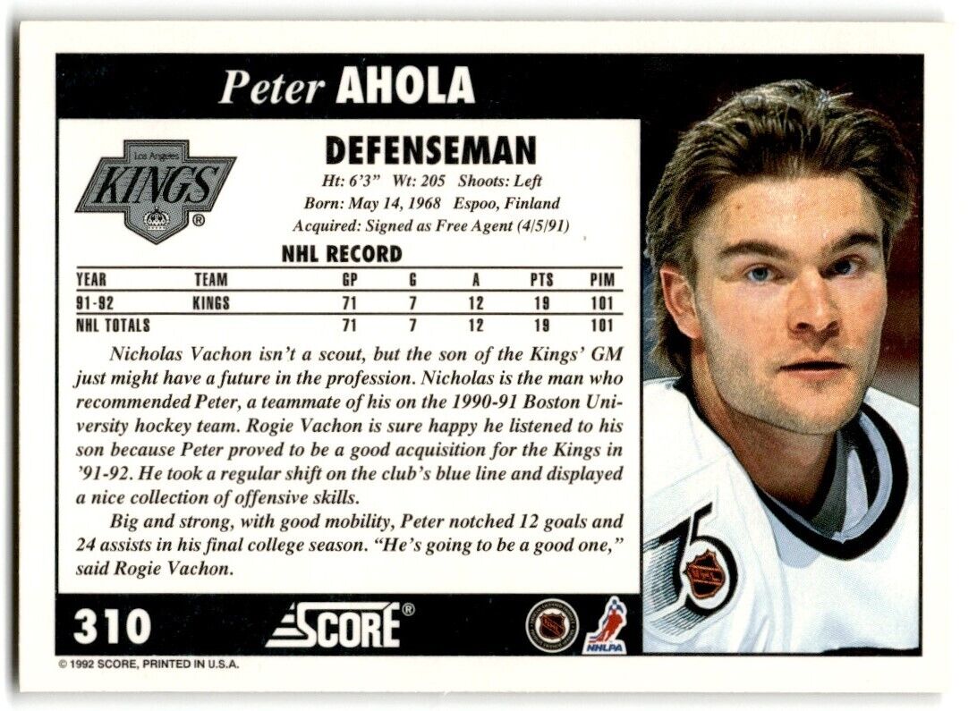 1992-93 Score Peter Ahola Los Angeles Kings #310