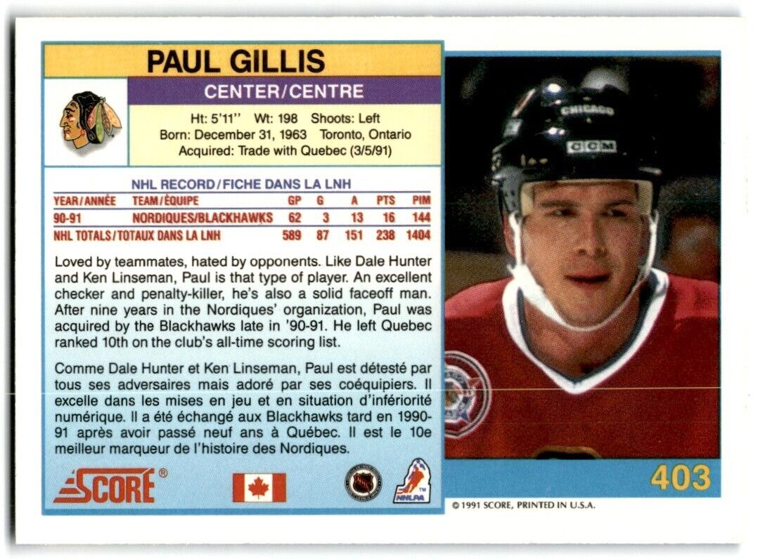 1991-92 Score Canadian Bilingual Paul Gillis Chicago Blackhawks #403