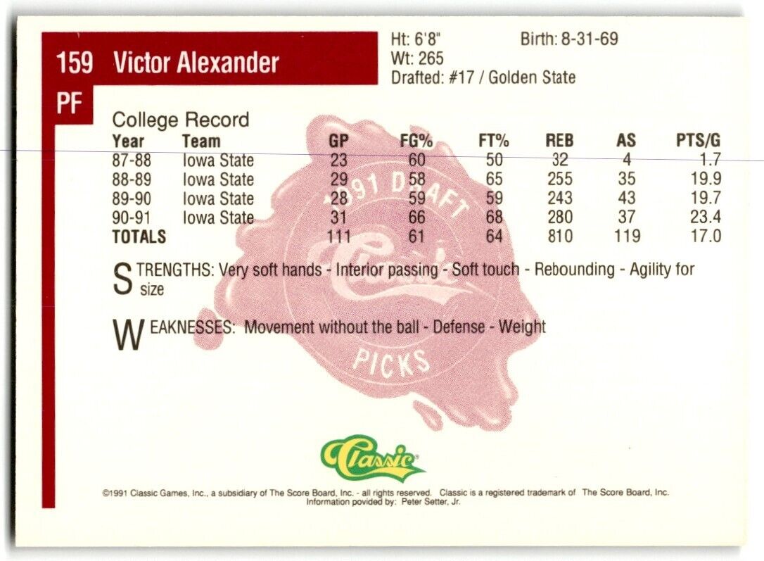 1991-92 Classic Victor Alexander Rookie Iowa State Cyclones #159