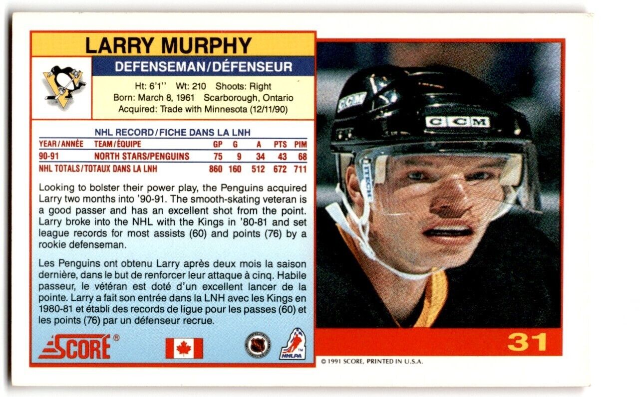 1991-92 Score Larry Murphy Pittsburgh Penguins #31