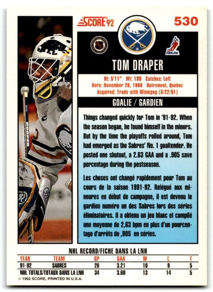 1992-93 Score Tom Draper Buffalo Sabres #530