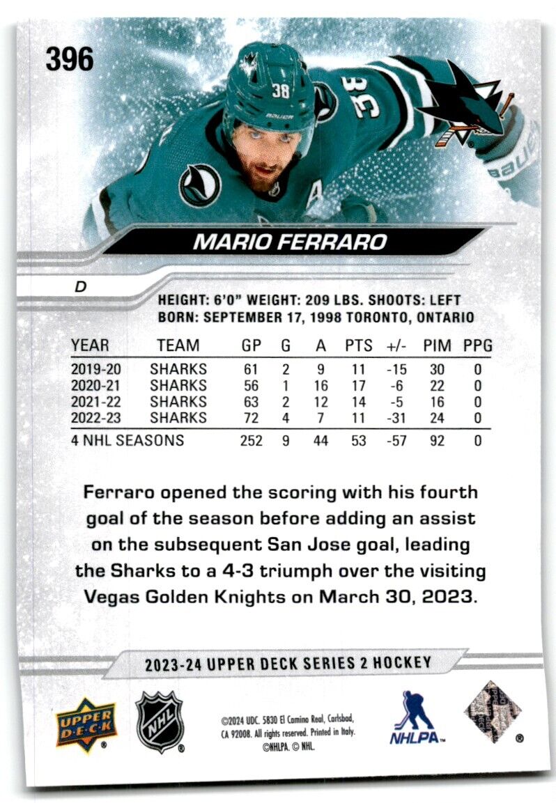 2023-24 Upper Deck Mario Ferraro San Jose Sharks #396