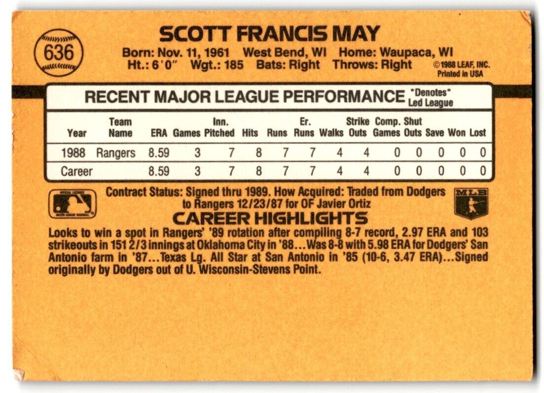 1989 Donruss Scott May Texas Rangers #636