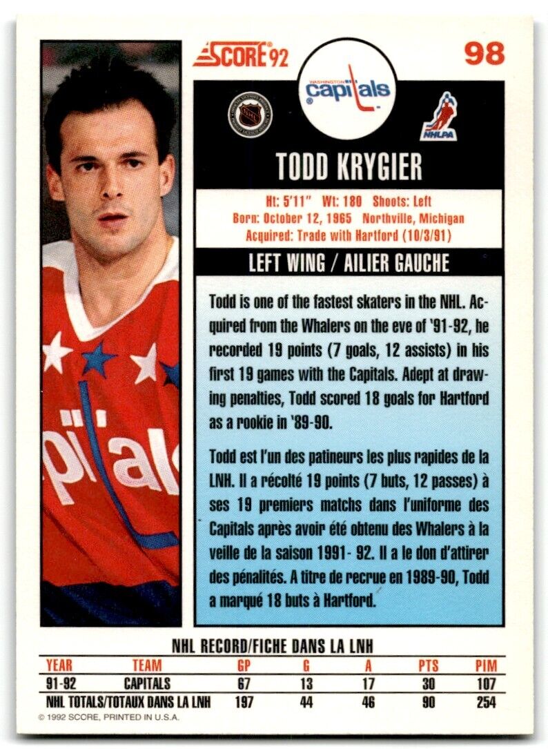 1992-93 Score Todd Krygier Washington Capitals #98