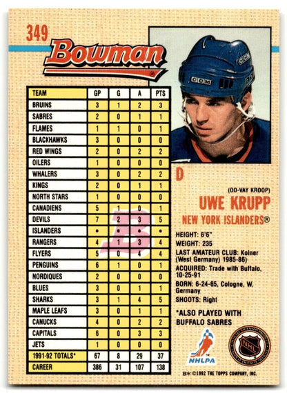 1992-93 Bowman Uwe Krupp New York Islanders #349