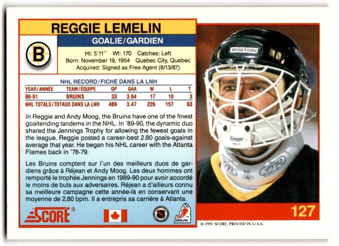 1991-92 Score Canadian Bilingual Reggie Lemelin Boston Bruins #127