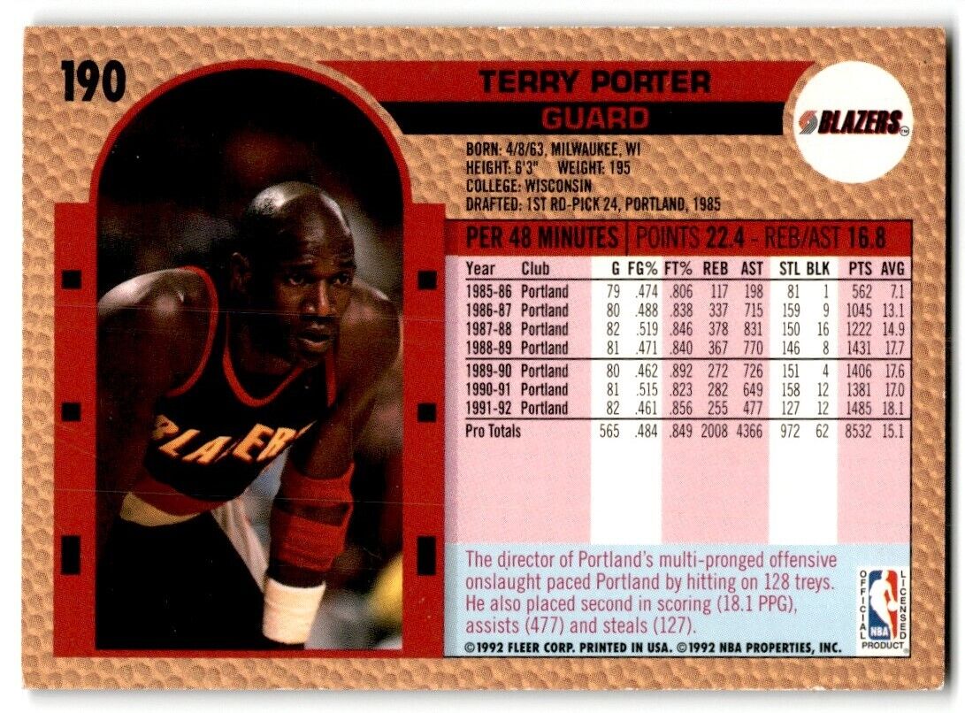 1992-93 Fleer Terry Porter Portland Trail Blazers #190