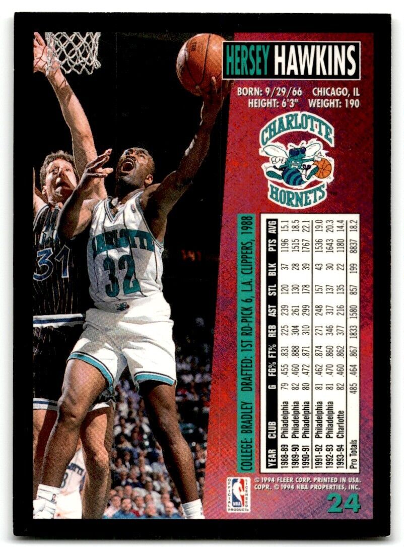 1994-95 Fleer Hersey Hawkins Charlotte Hornets #24