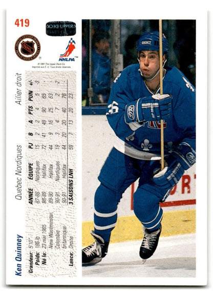 1991-92 Upper Deck French Ken Quinney Rookie Quebec Nordiques #419