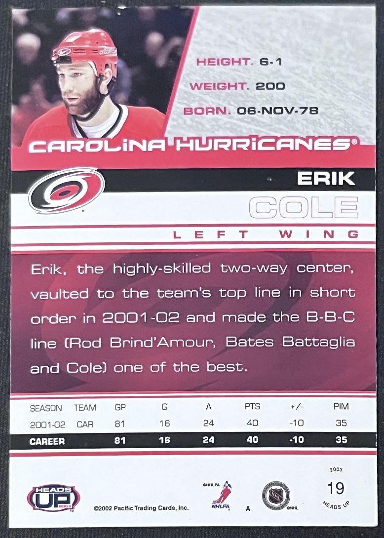 2002-03 Pacific Heads Up Erik Cole Carolina Hurricanes #19