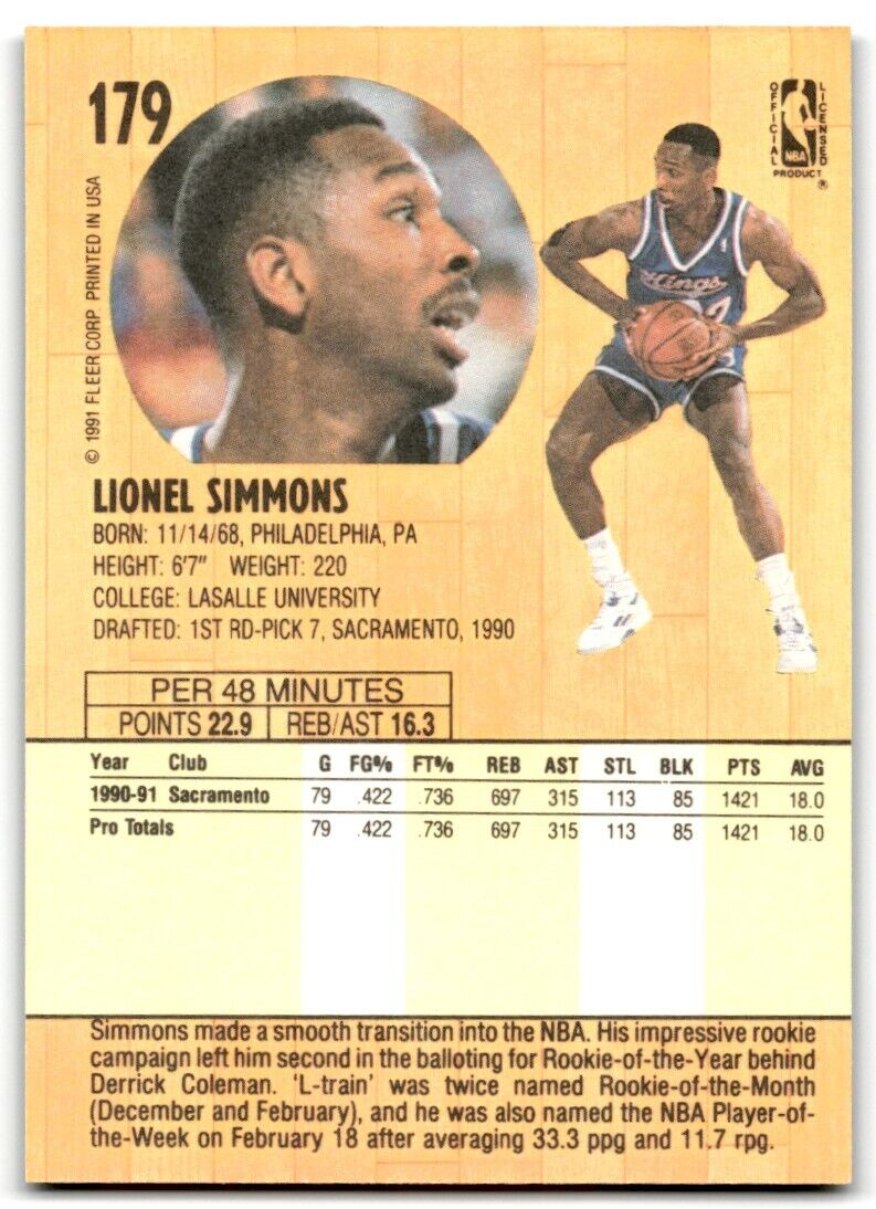 1991-92 Fleer Lionel Simmons Sacramento Kings #179