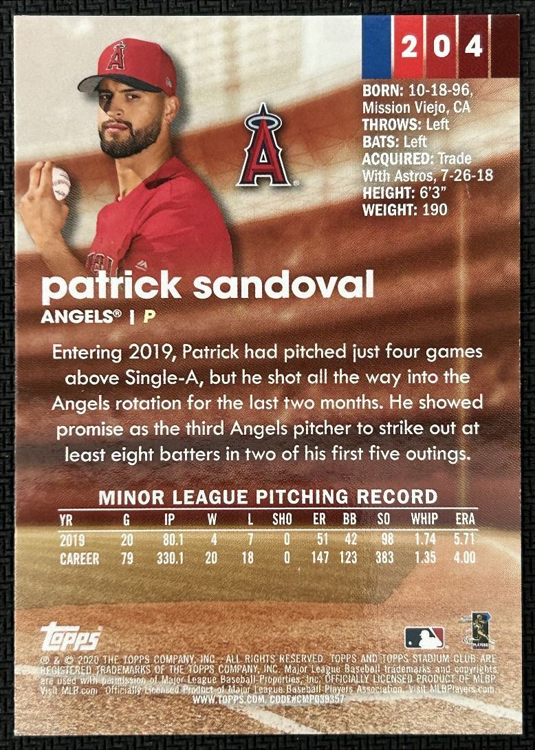 2020 Topps Stadium Club Patrick Sandoval Rookie Los Angeles Angels #204