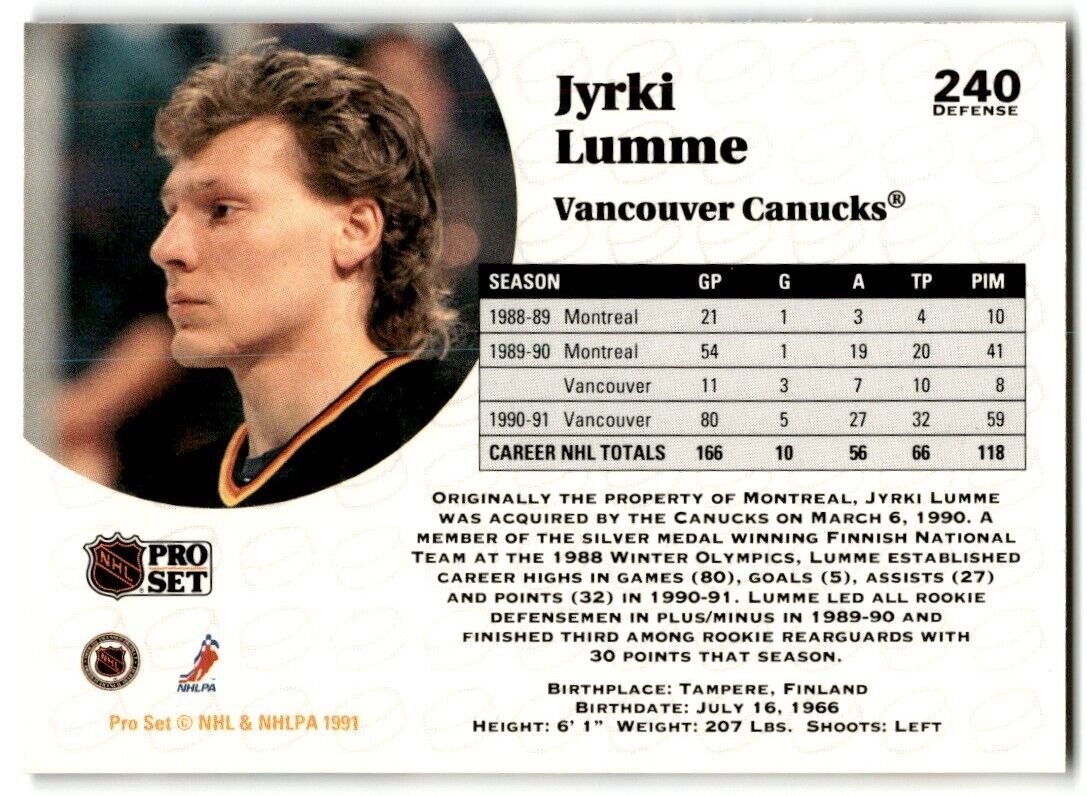 1991-92 Pro Set Jyrki Lumme Vancouver Canucks #240