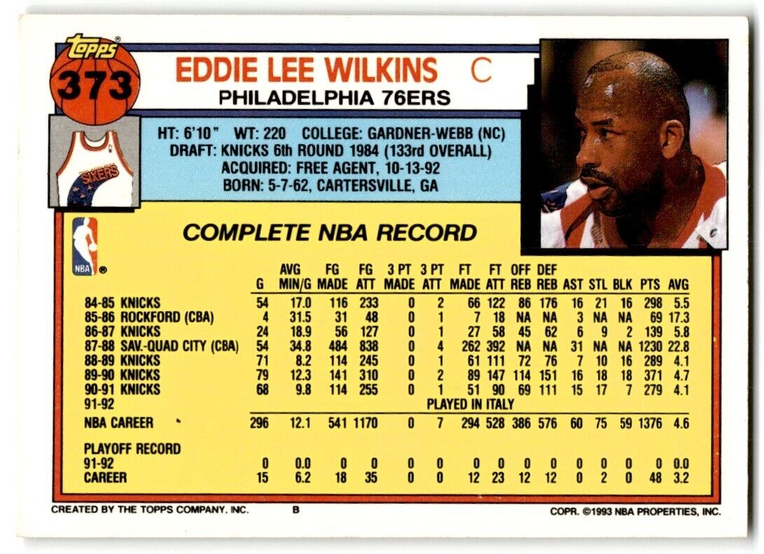 1992-93 Topps Eddie Lee Wilkins Philadelphia 76ers #373