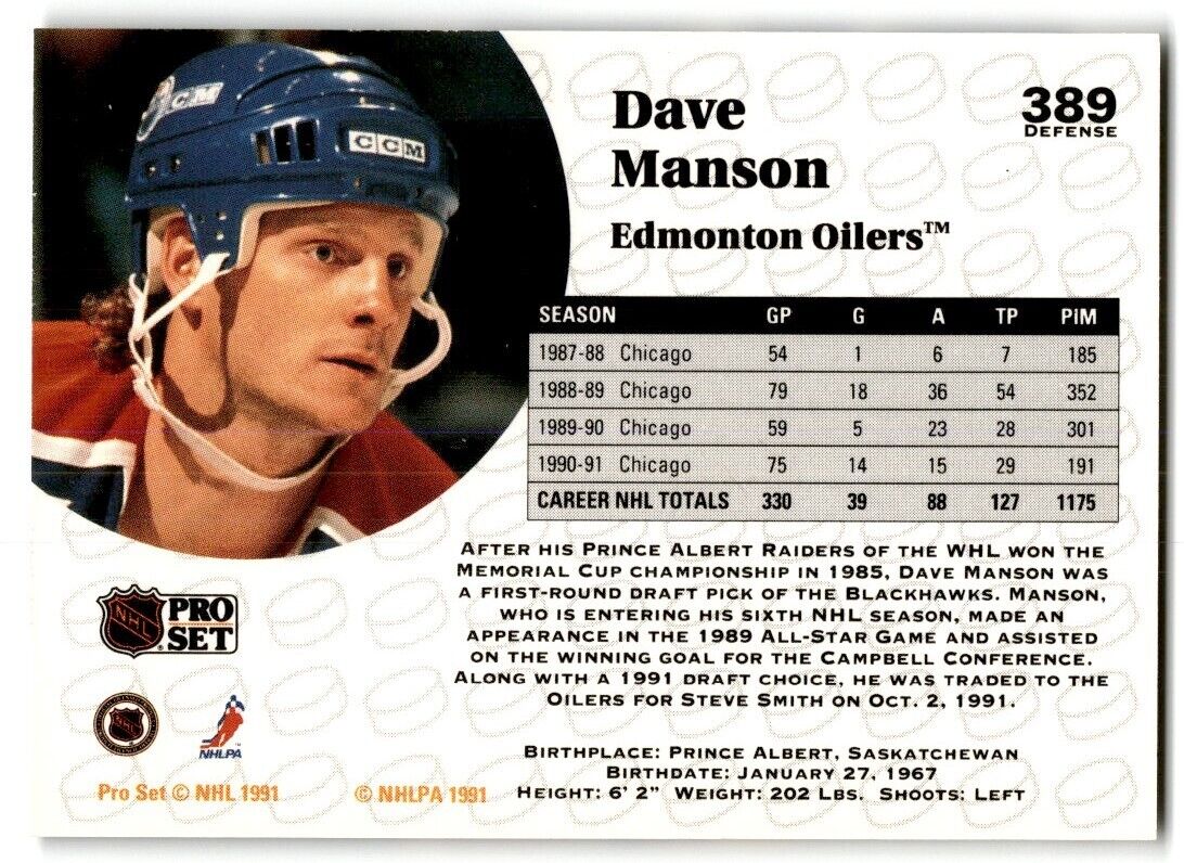 1991-92 Pro Set Dave Manson Edmonton Oilers #389