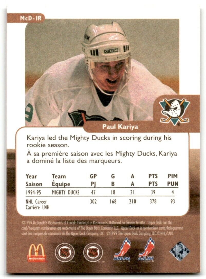 1998-99 Upper Deck Retro McDonald's Paul Kariya Anaheim Mighty Ducks #MCD-1R