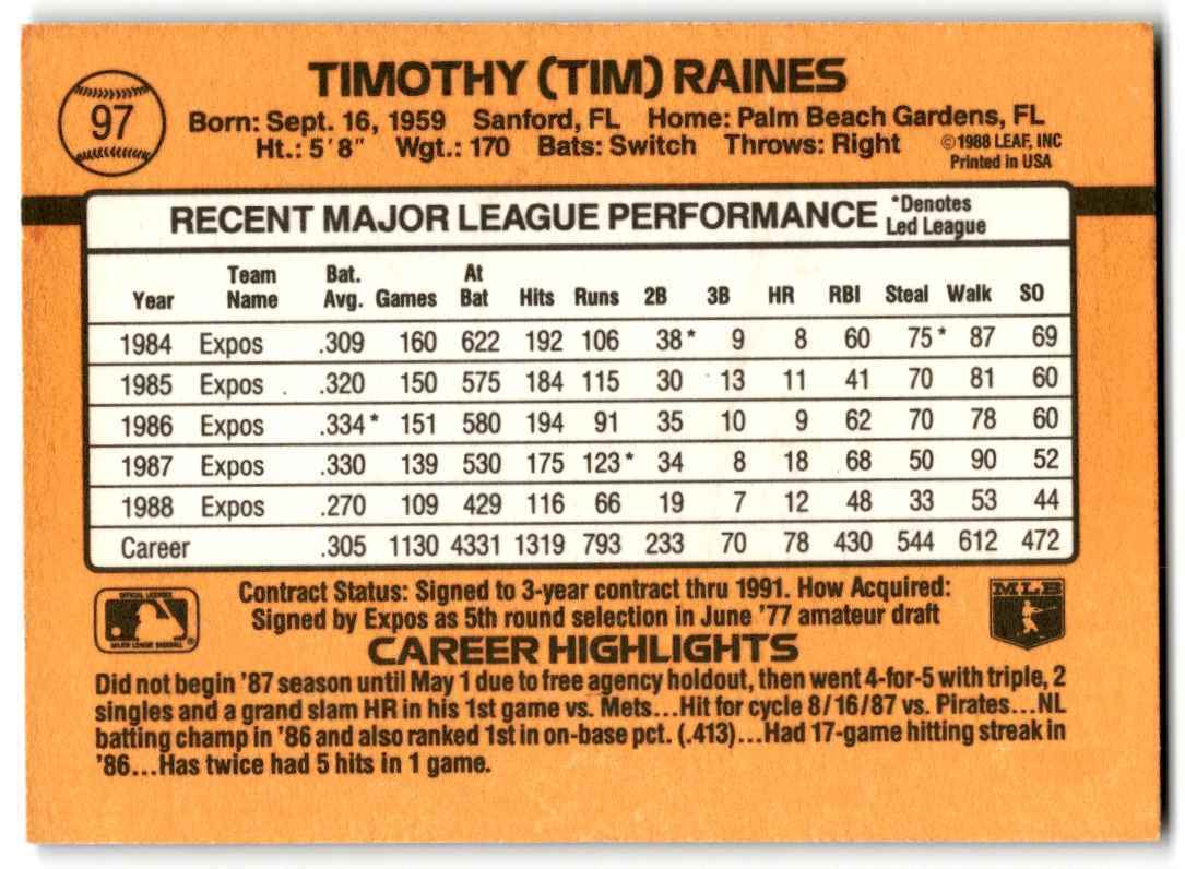 1989 Donruss Tim Raines Montreal Expos #97