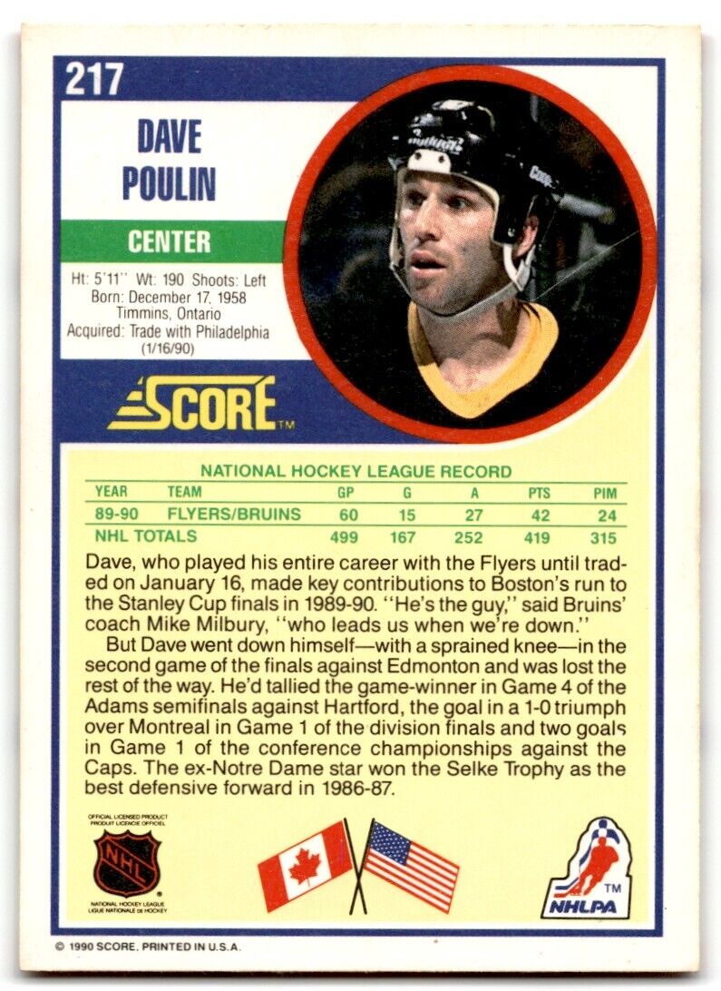 1990-91 Score Dave Poulin Boston Bruins #217