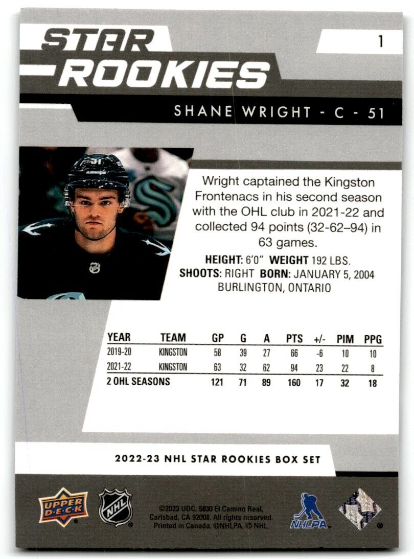 2022-23 Upper Deck Star Rookies Shane Wright Rookie Seattle Kraken #1