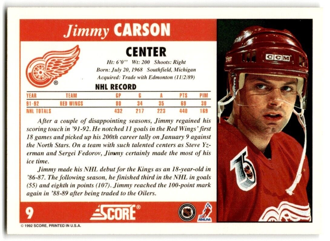 1992-93 Score Jimmy Carson Detroit Red Wings #9