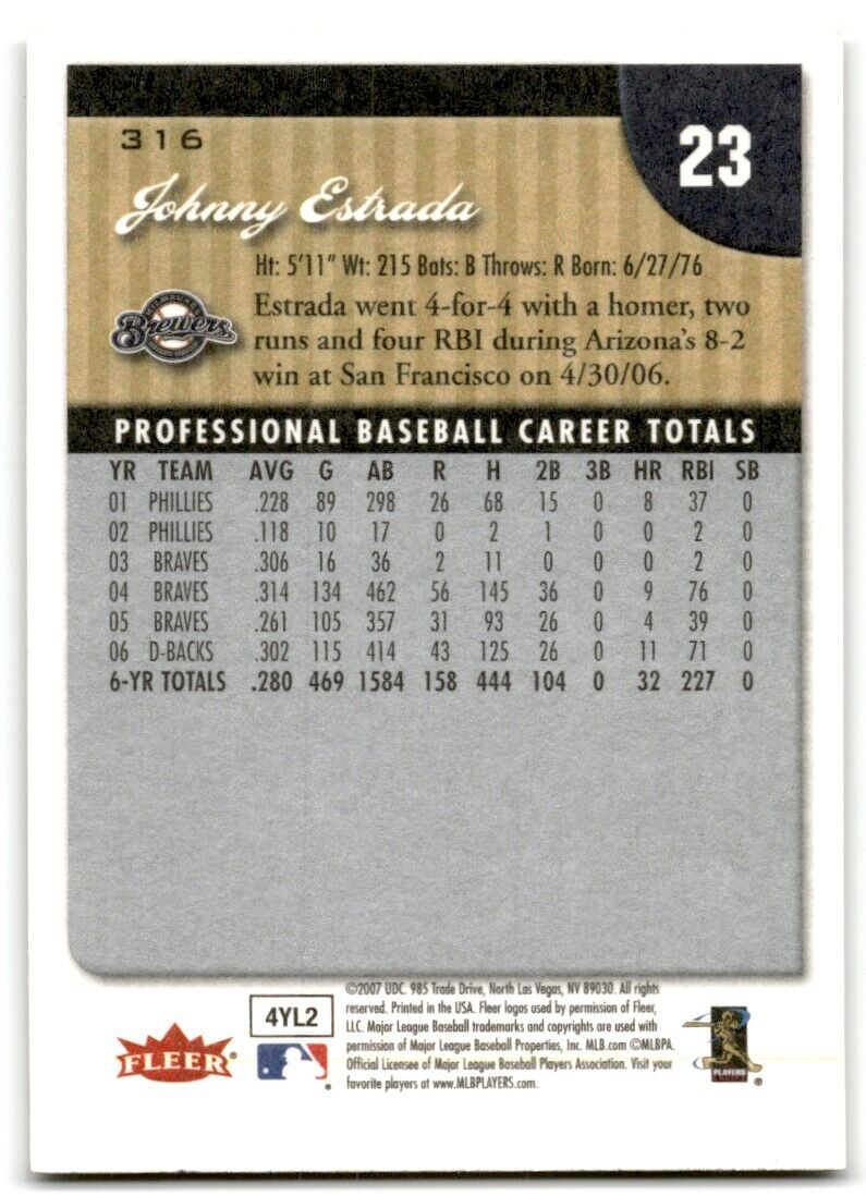 2007 Fleer Johnny Estrada Milwaukee Brewers #316