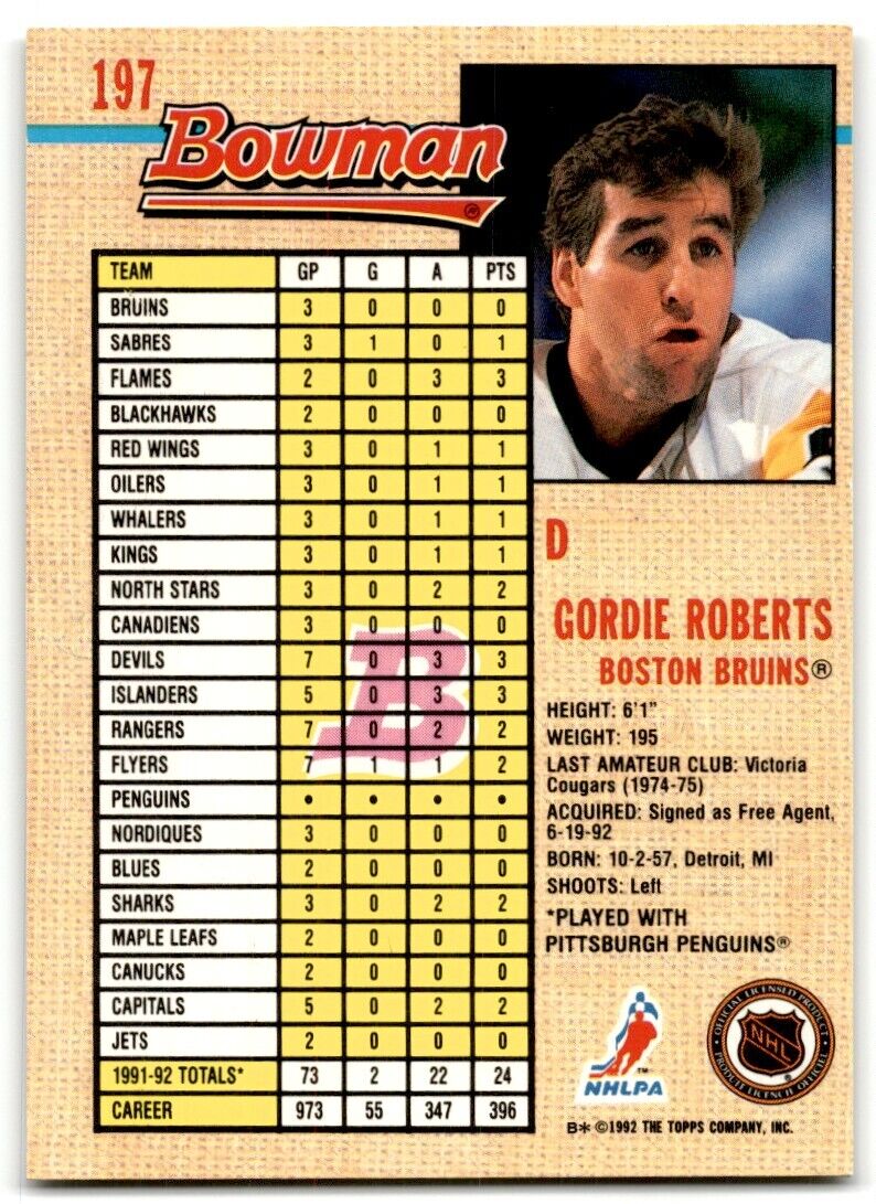 1992-93 Bowman Gordie Roberts Boston Bruins #197