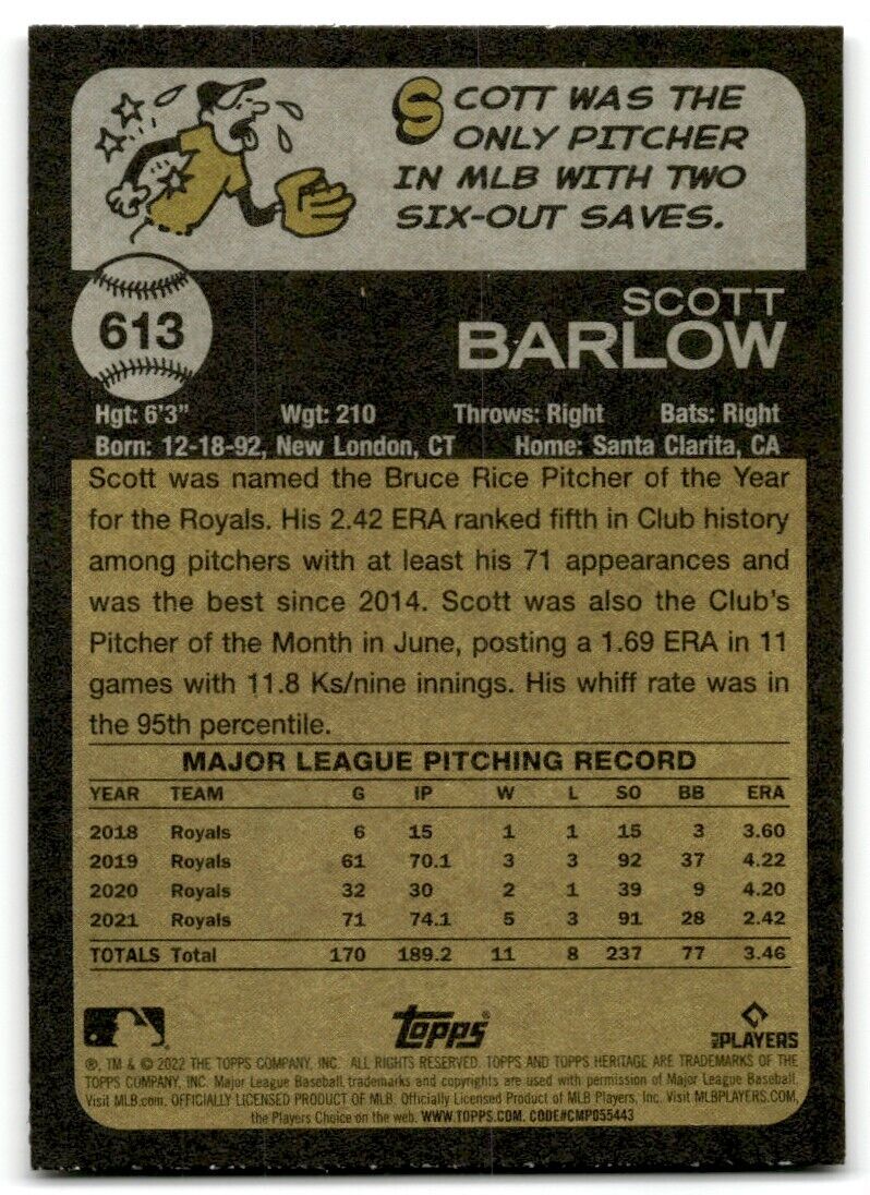 2022 Topps Heritage High Number Scott Barlow Kansas City Royals #613