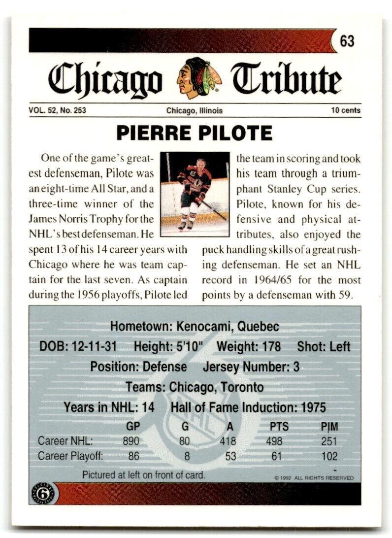 1991-92 Ultimate Original 6 Pierre Pilote Chicago Blackhawks #63