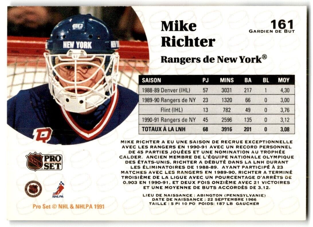 1991-92 Pro Set Mike Richter New York Rangers #161