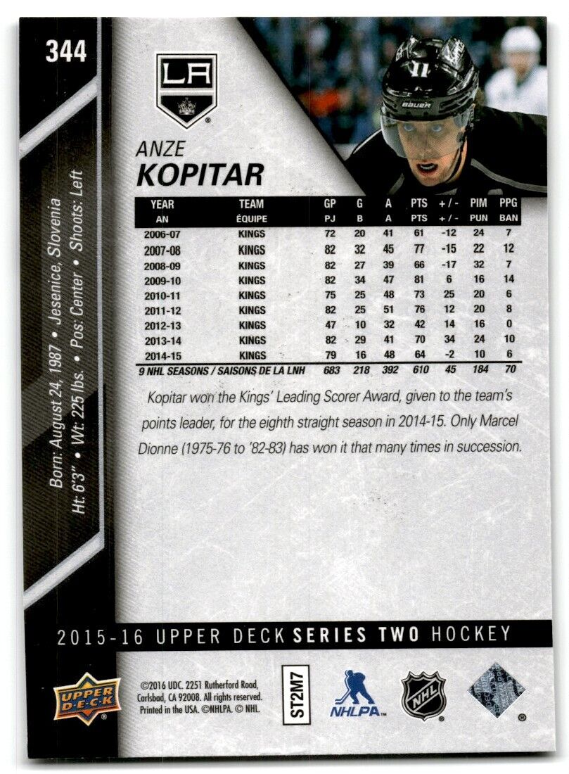 2015-16 Upper Deck Anze Kopitar Los Angeles Kings #344