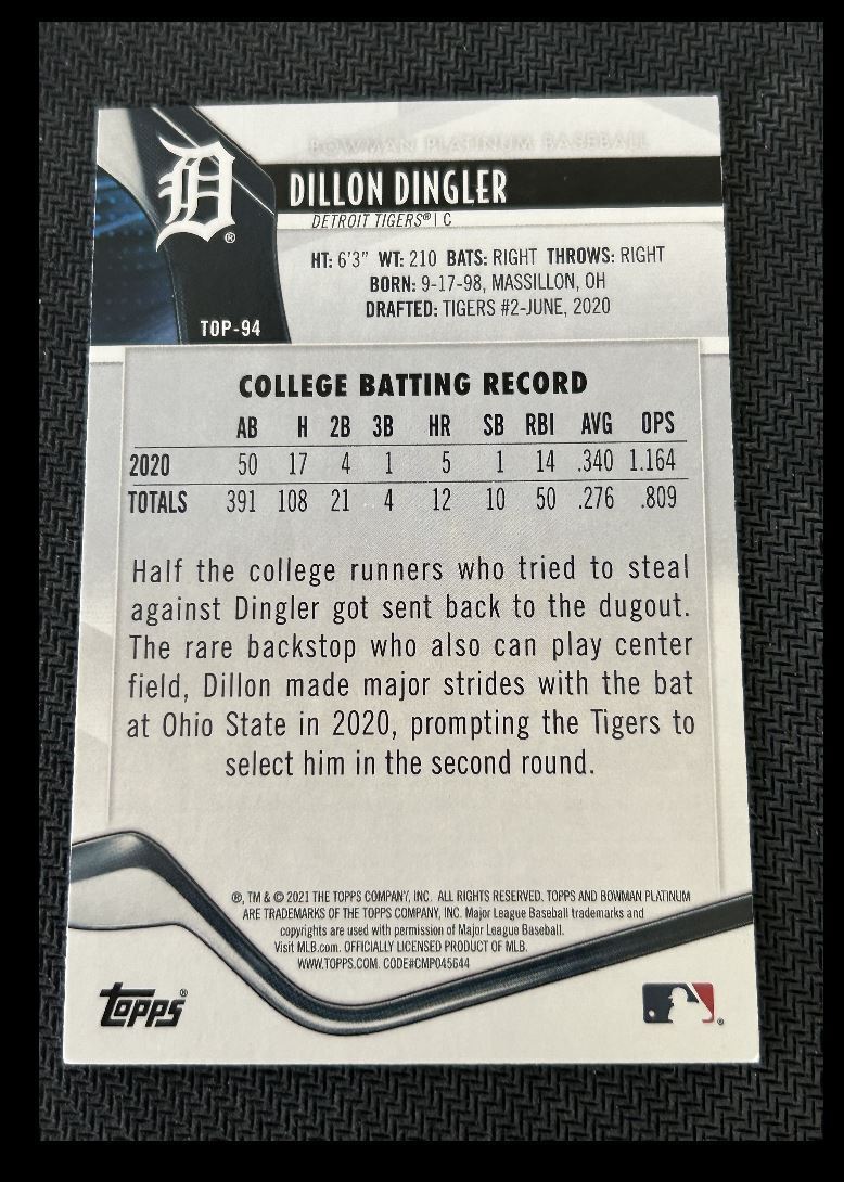 2021 Bowman Platinum Top Prospects Dillon Dingler Rookie Detroit Tigers #TOP-94