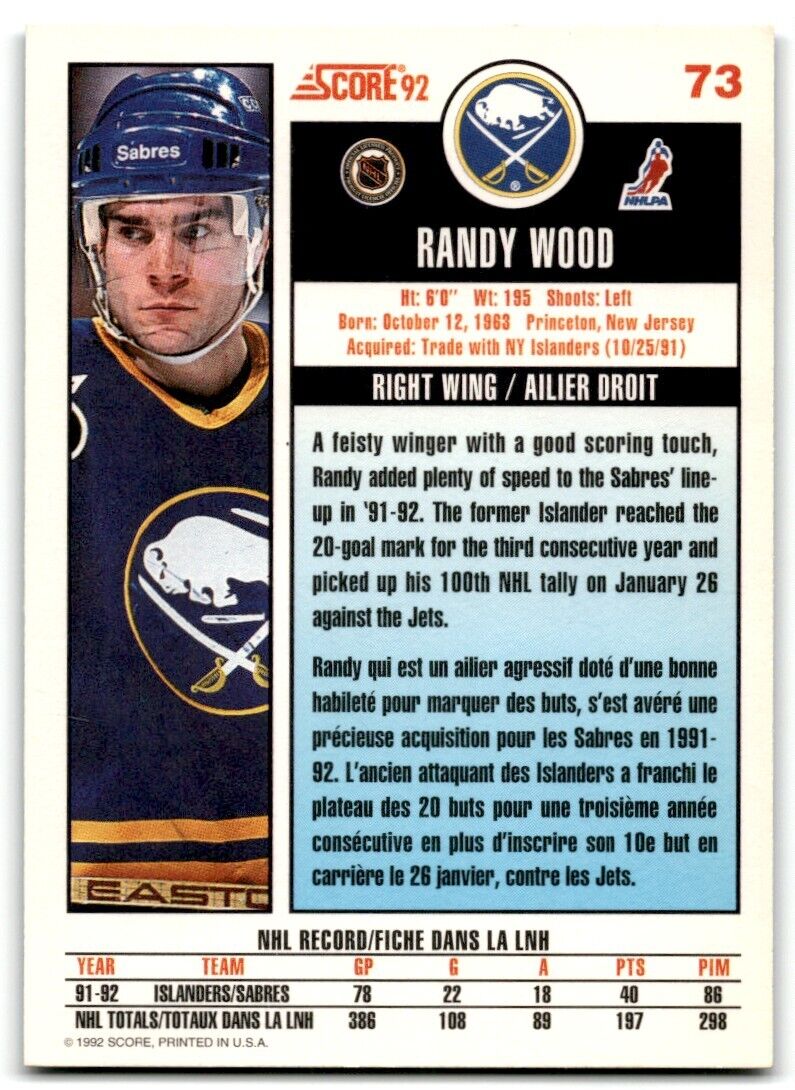 1992-93 Score Randy Wood Buffalo Sabres #73