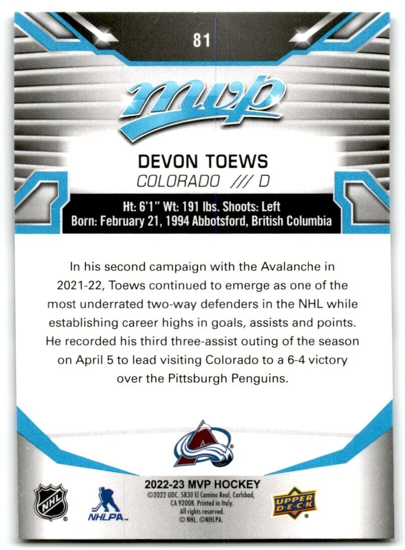 2022-23 Upper Deck MVP Devon Toews Colorado Avalanche #81