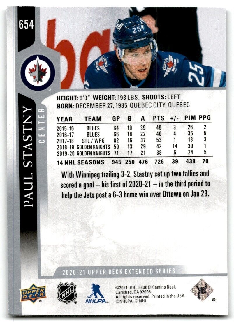 2020-21 Upper Deck Paul Stastny Winnipeg Jets #654