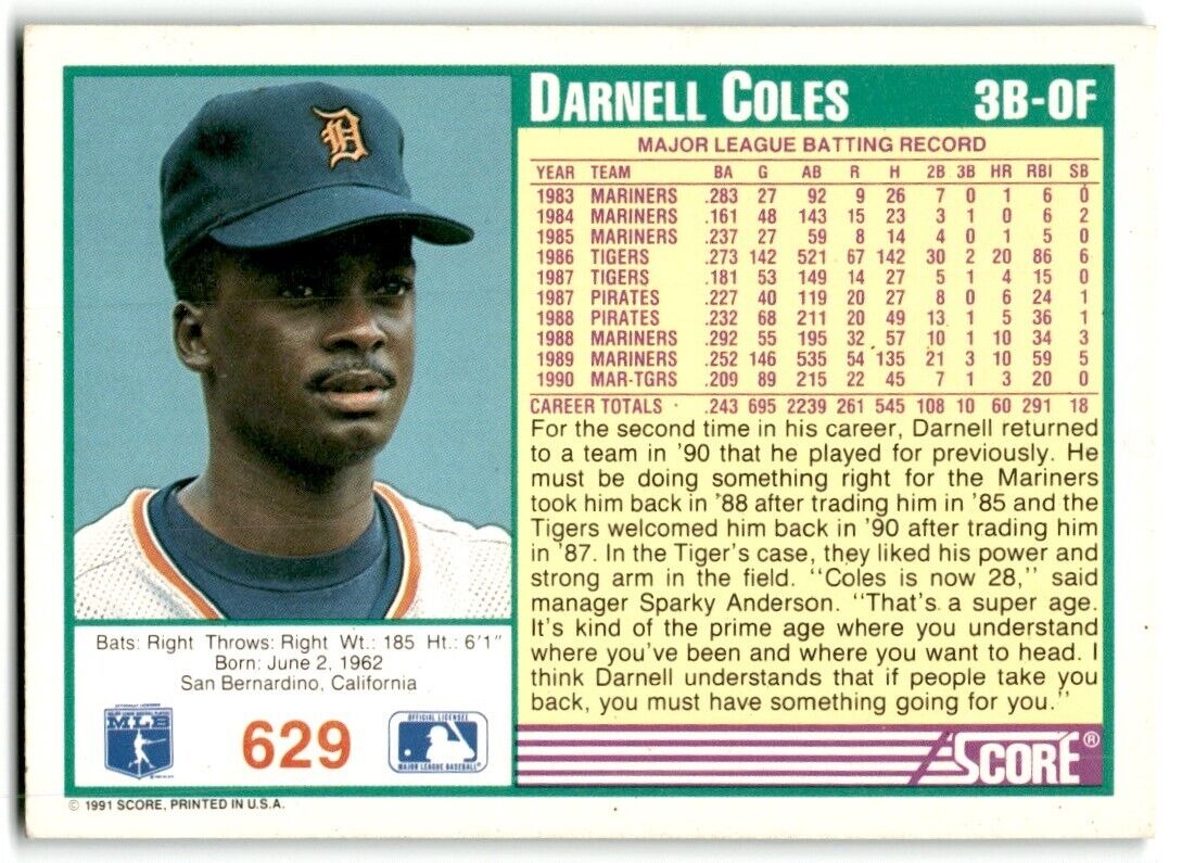 1991 Score Darnell Coles Detroit Tigers #629