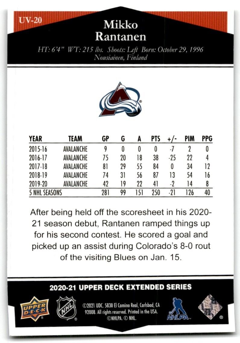 2020-21 Upper Deck Ultimate Victory Mikko Rantanen foil Colorado Avalanche